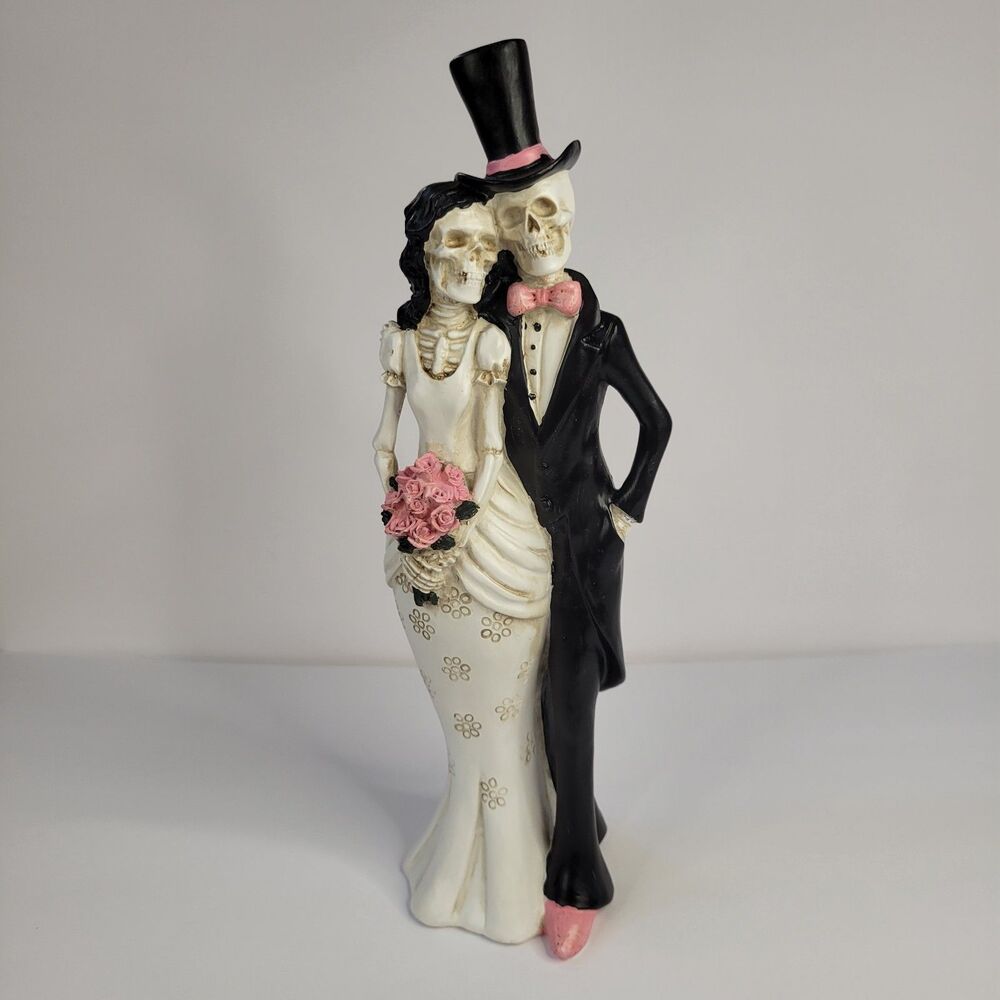 Halloween Skeleton Couple Bride Groom 14” Wedding Statue White Black Pink Roses